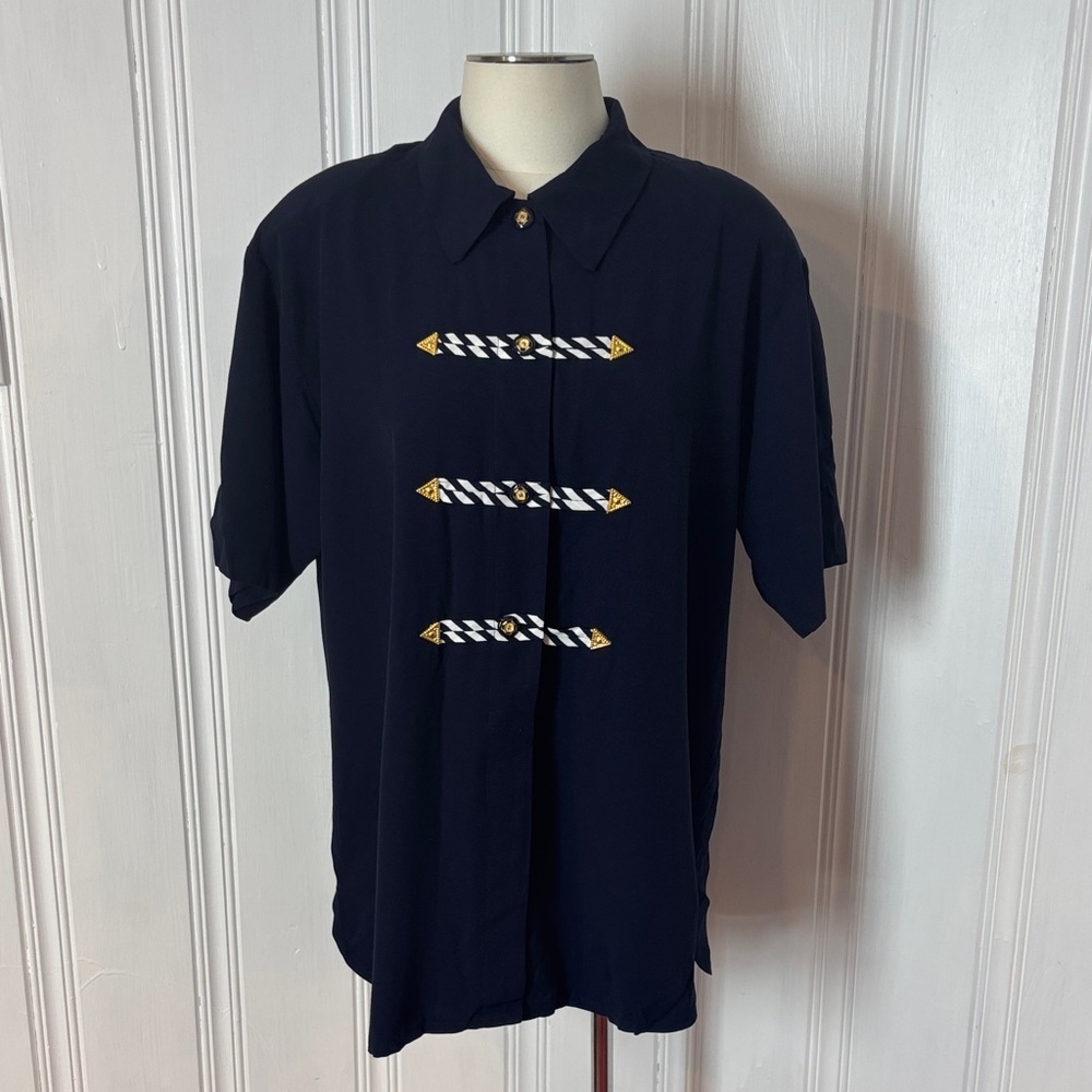 Vintage LORI MICHAELS Navy Blouse | Gold Button Appliqué | Size 16